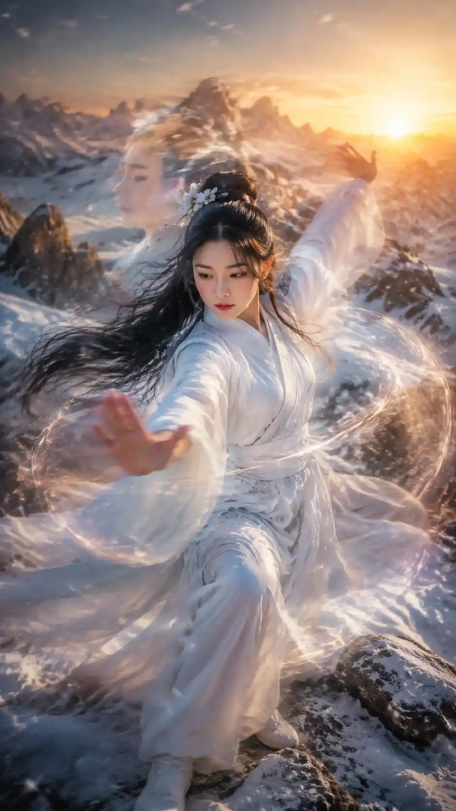 Martial artist woman on snowy mountain at golden hour