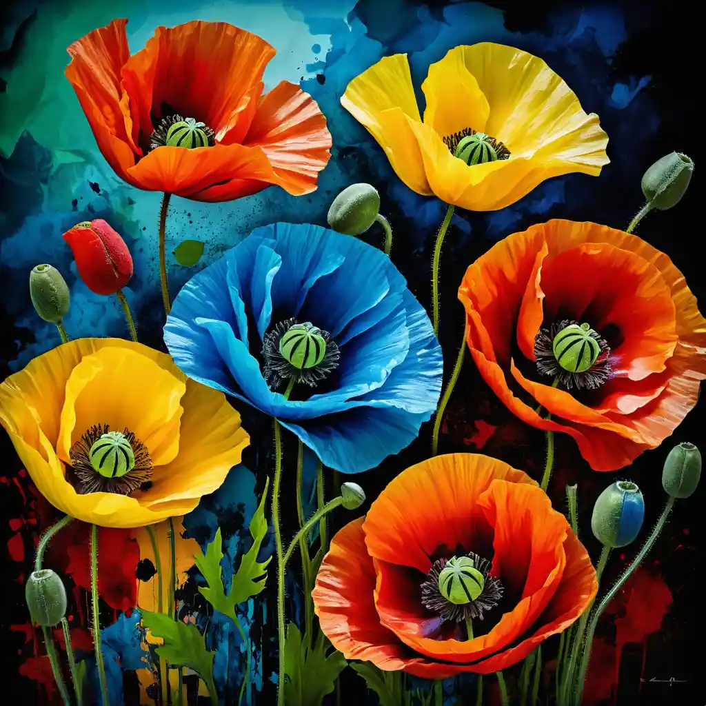 Abstract poppy flowers in bold red yellow green and blue