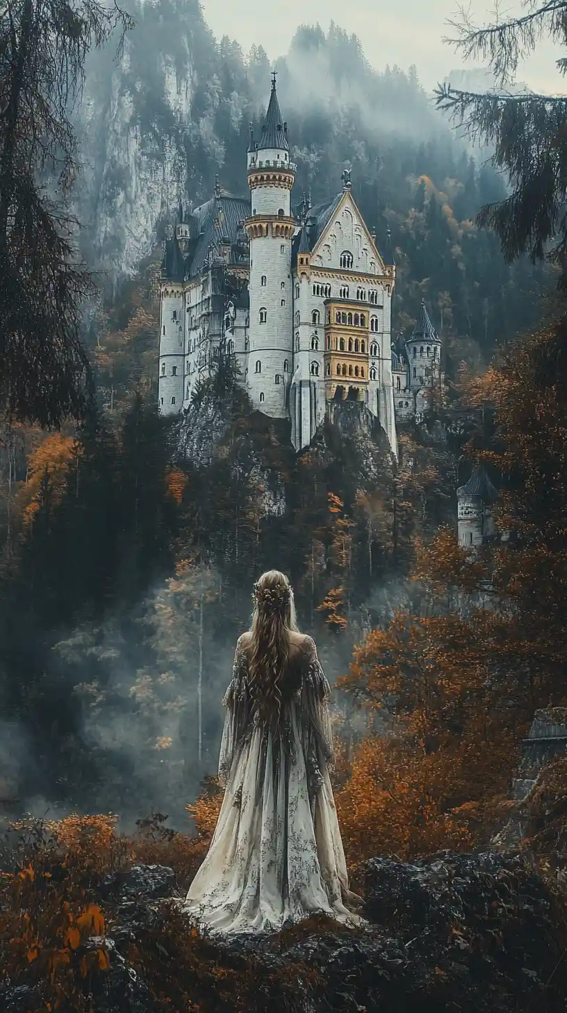 Gothic girl portrait at Neuschwanstein castle at dusk