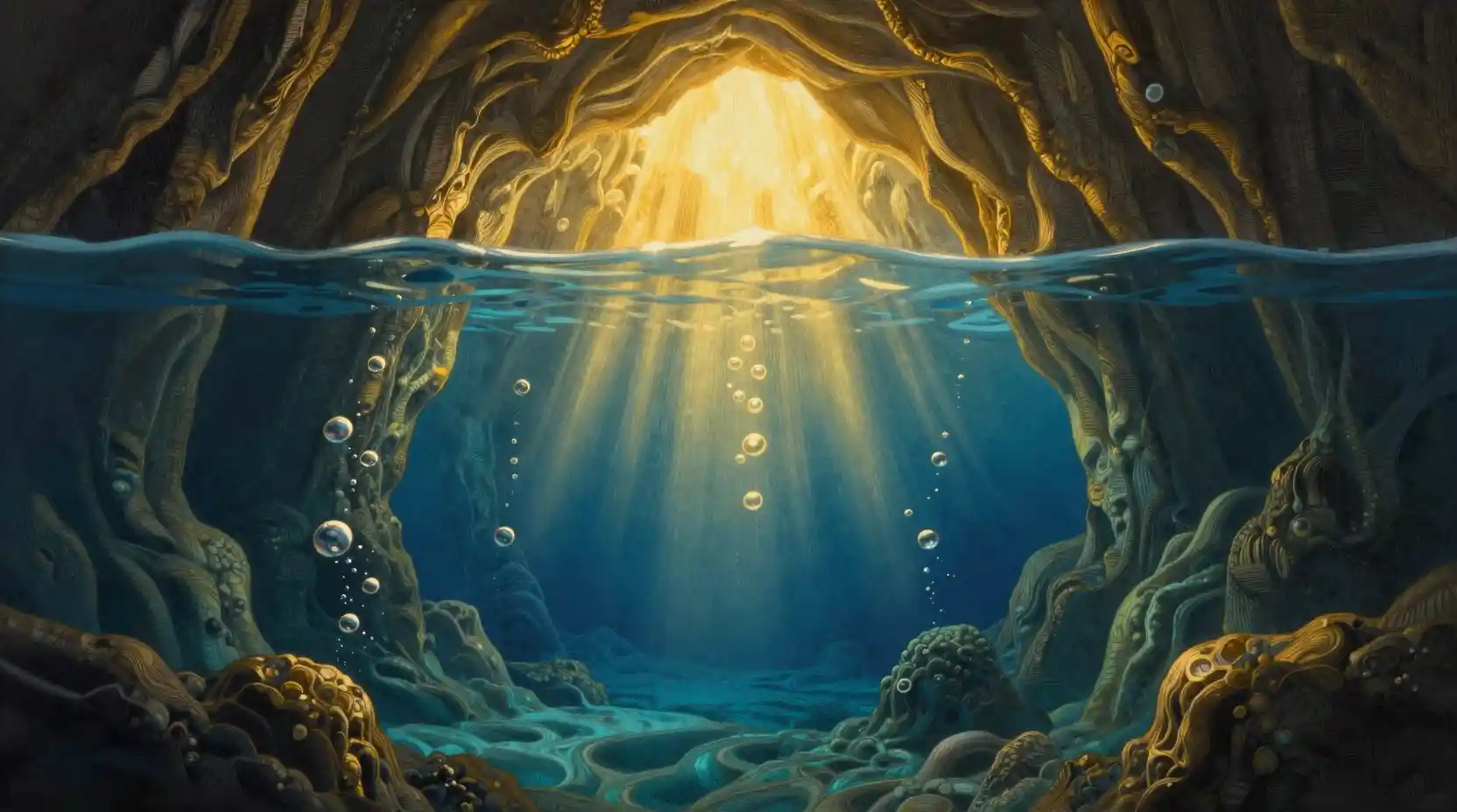 Golden light rising from hidden underwater cave depths