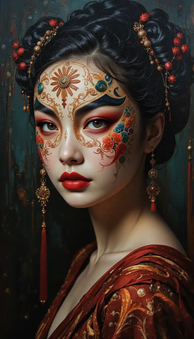 Chinese woman with opera mask in dramatic oil portrait