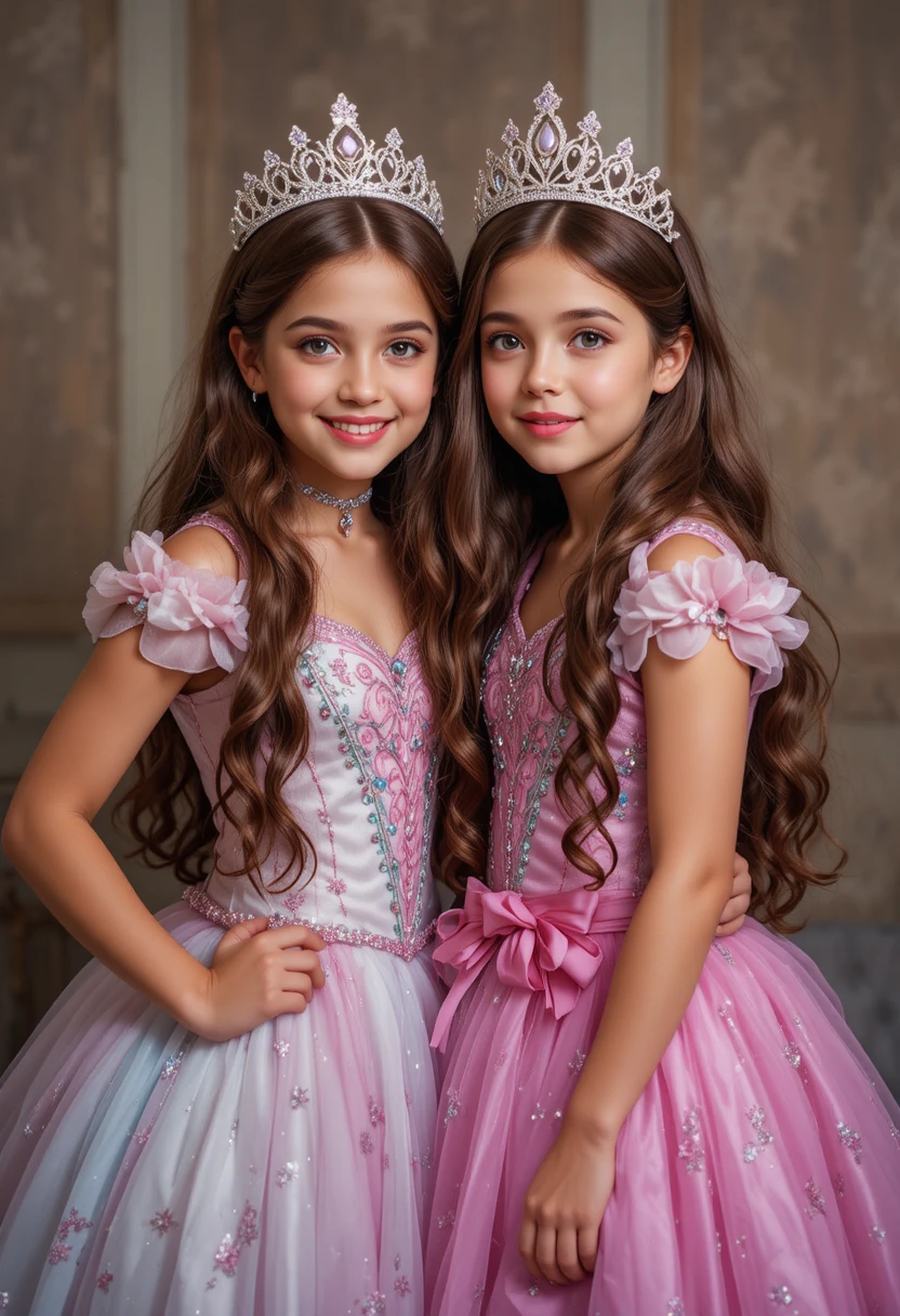 Two tween boys dressed as colorful fairytale princesses