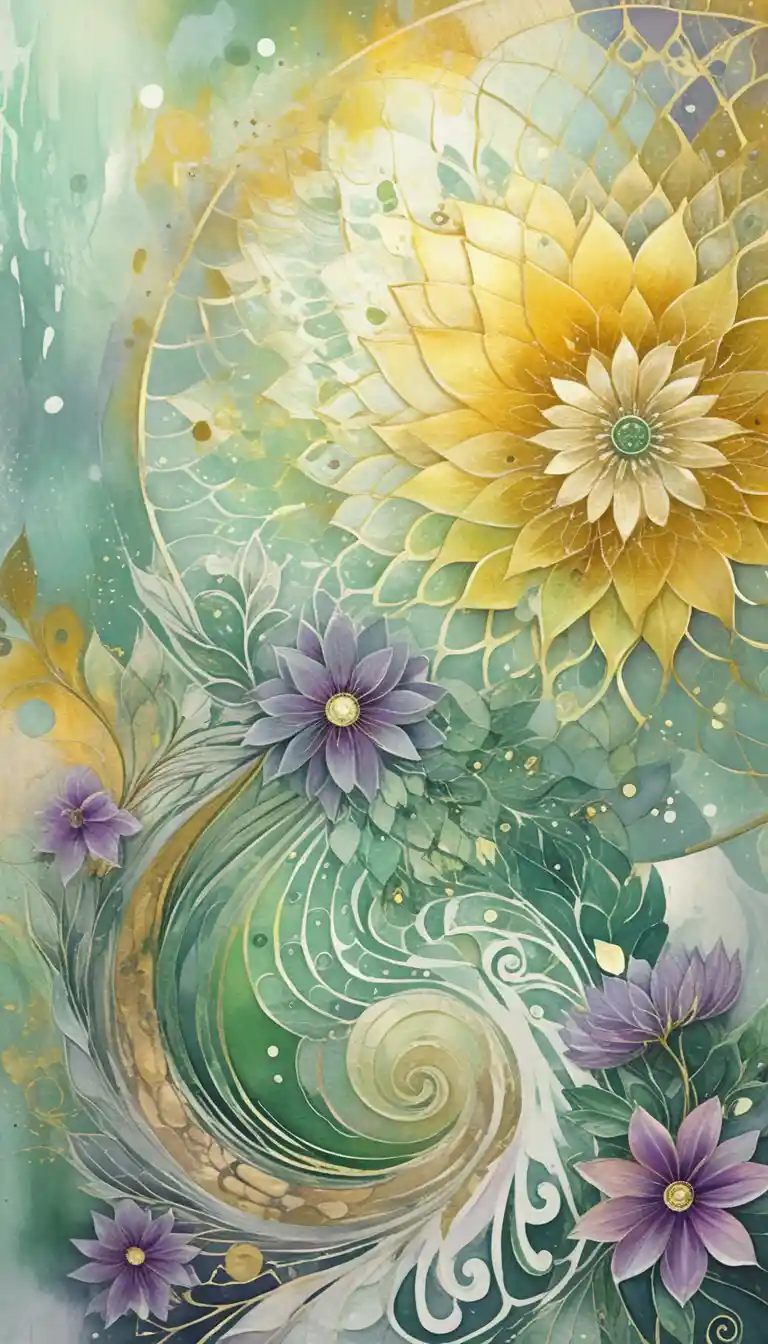 Mystical feminine portrait with flowers and golden harmony