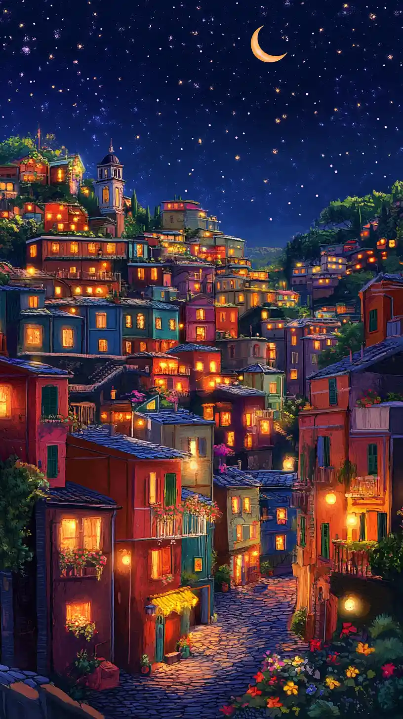 Fiabesco villaggio italiano sotto un cielo di luna crescente