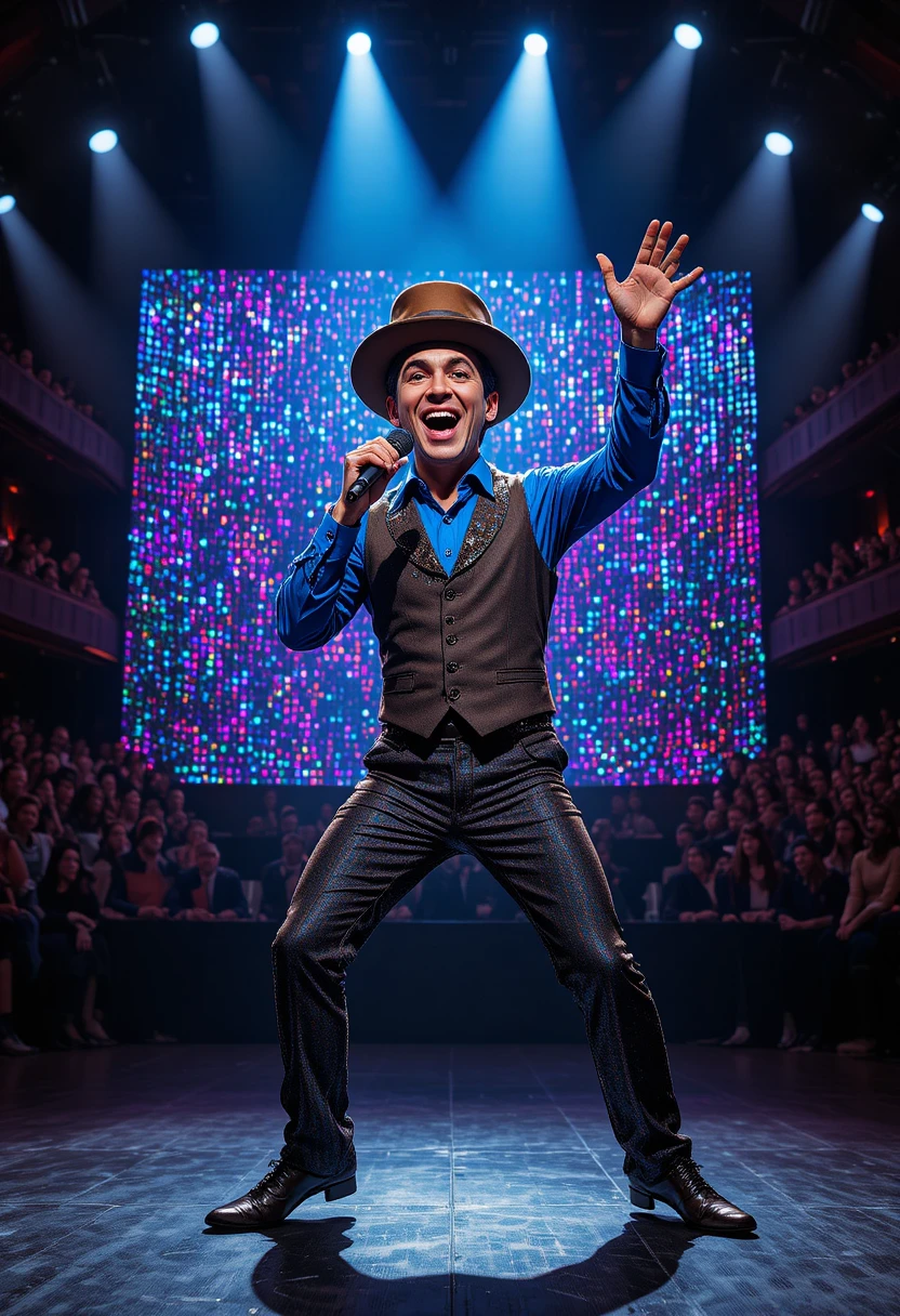 Joyful male singer in whimsical donkey costume onstage