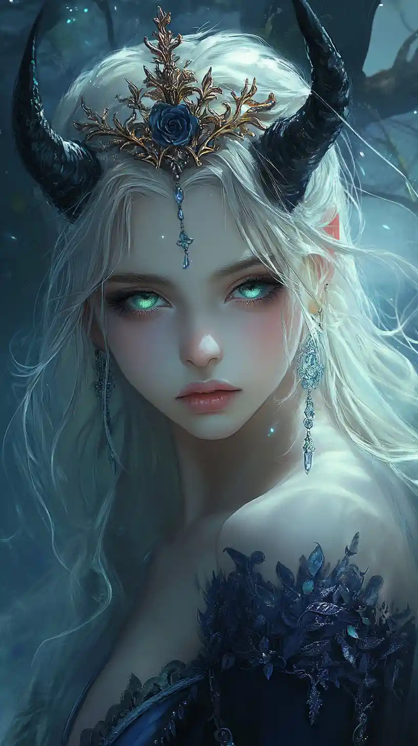 Demonic horned girl in a midnight blue fantasy forest