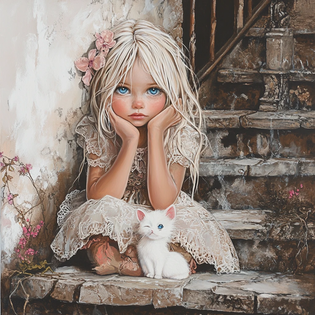 Dreamy girl with kitten on old house staircase