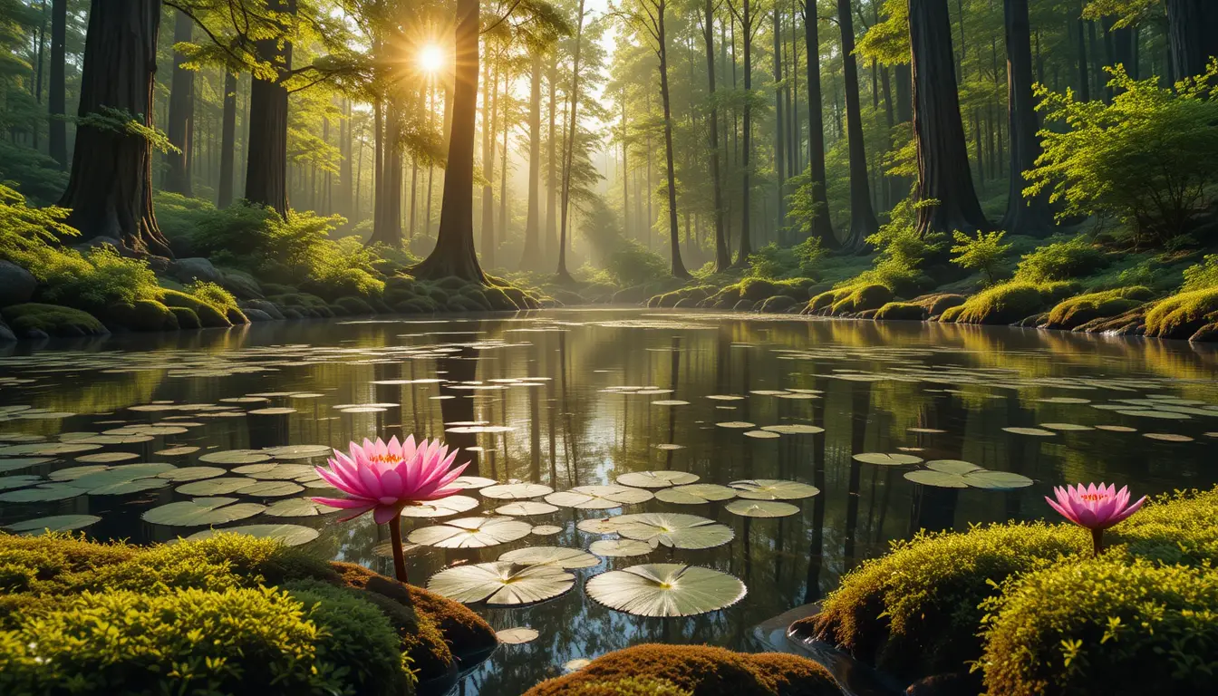 Sunlit forest pond with blooming pink water lilies
