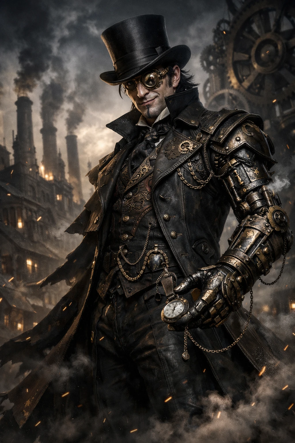 Steampunk clockmaker villain towering over a Victorian city