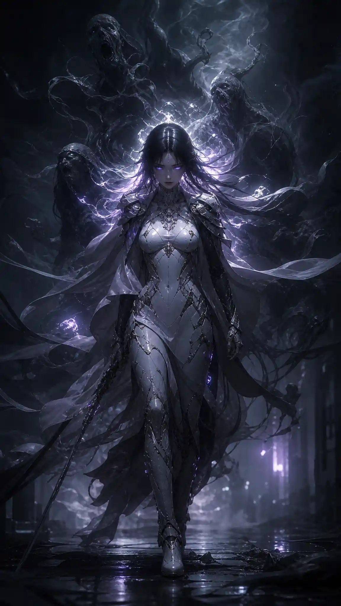 Ethereal warrior woman striding through swirling ghostly mist