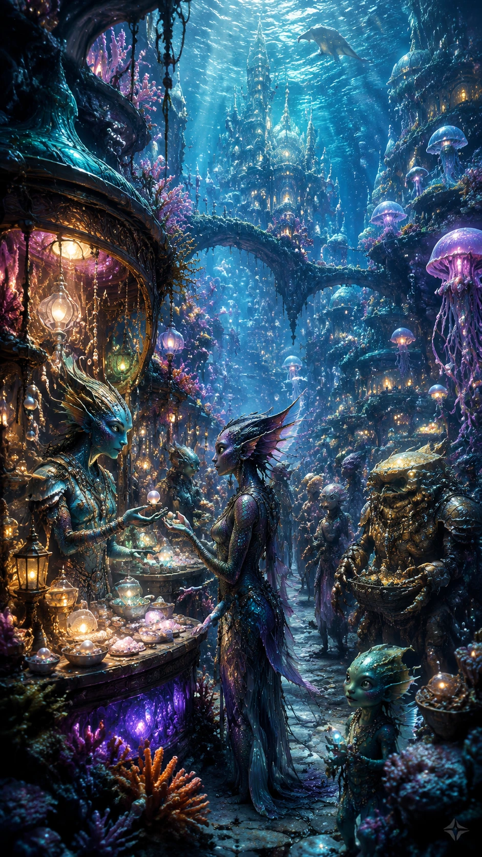 Underwater alien bazaar glowing with bioluminescent coral stalls