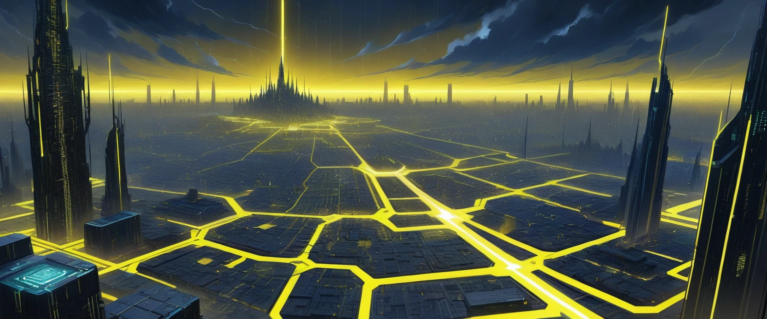 Futuristic sci fi cityscape with cybernetic skyscraper clusters