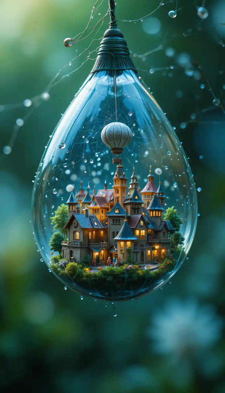 Miniature fantasy city inside a raindrop on spiderweb
