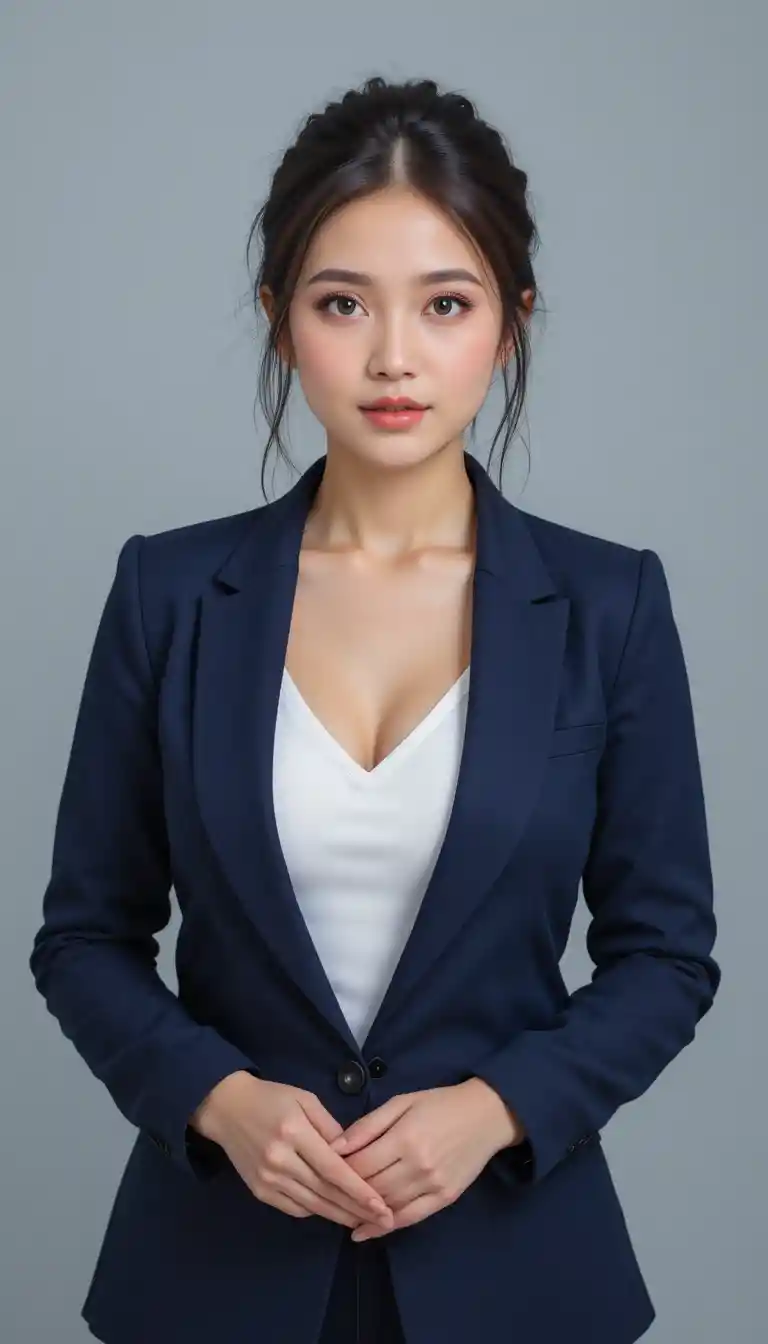 Confident woman in navy blazer studio headshot portrait