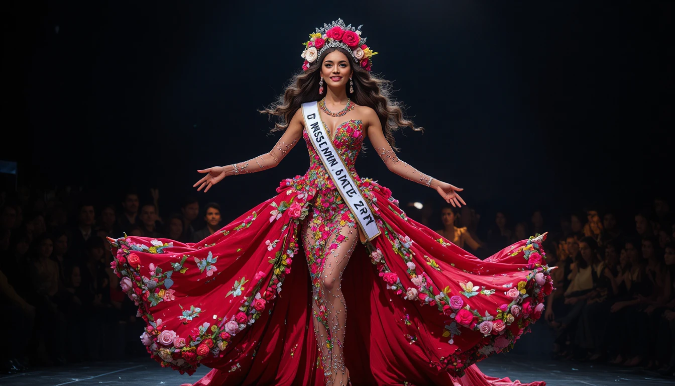 Smiling woman in red gown with floral crown on stage
