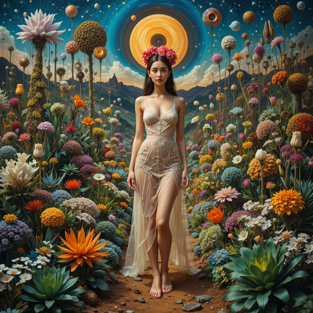 Surreal psychedelic garden with a woman rooted at the center
