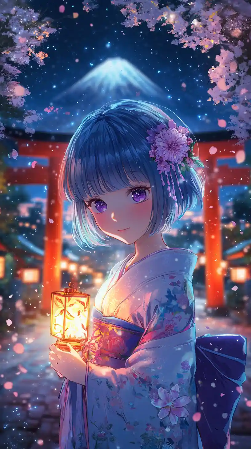 Anime girl in kimono holding glowing lantern at shrine