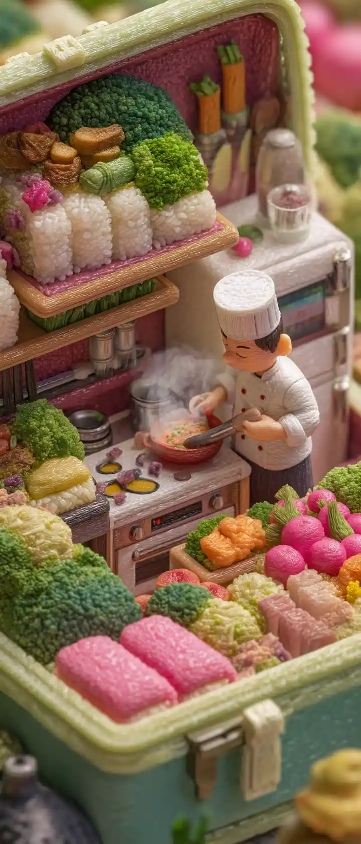 Tiny anime chef cooking in a whimsical bento lunchbox kitchen