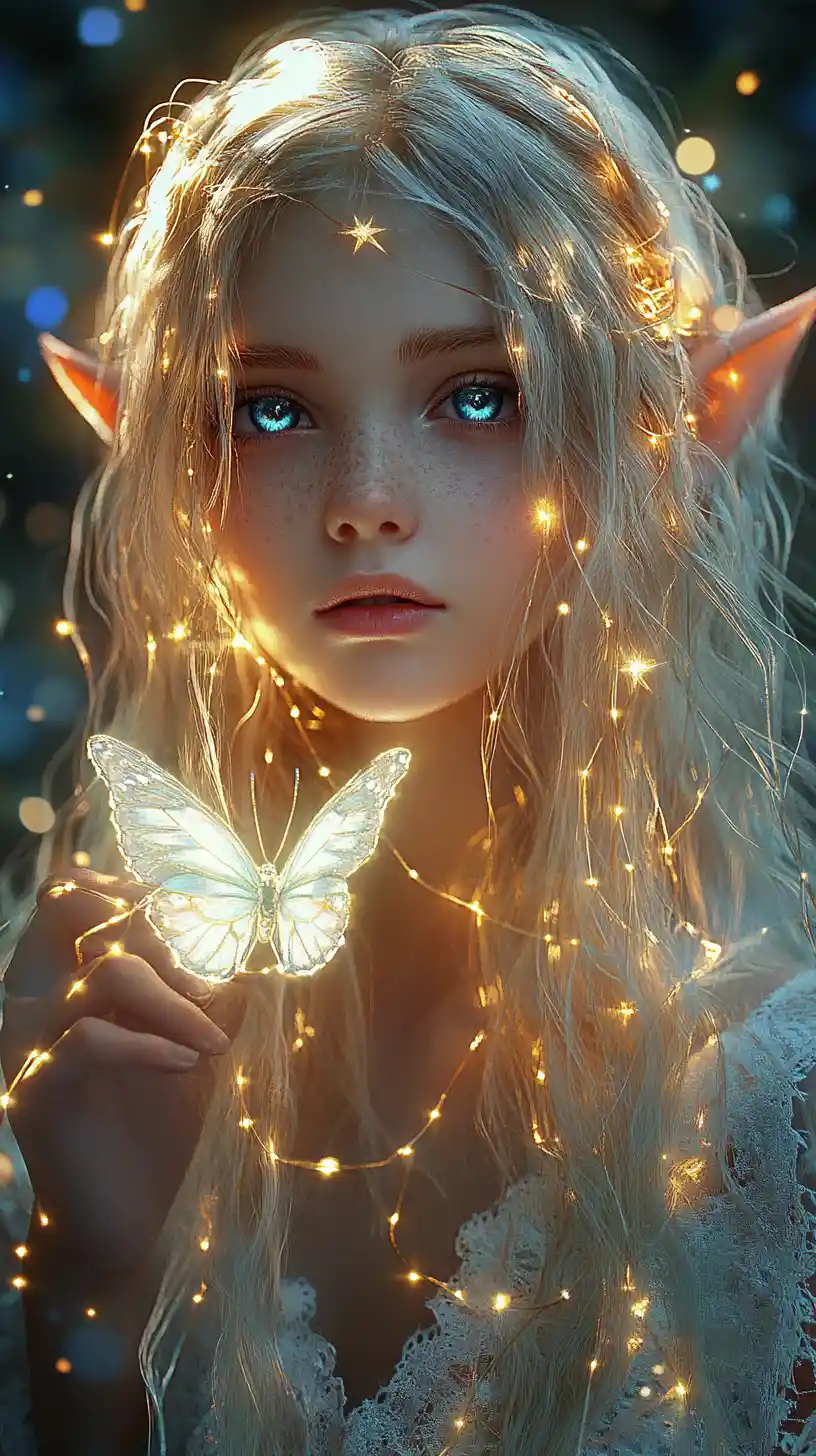 Elf girl holding a glowing butterfly in forest