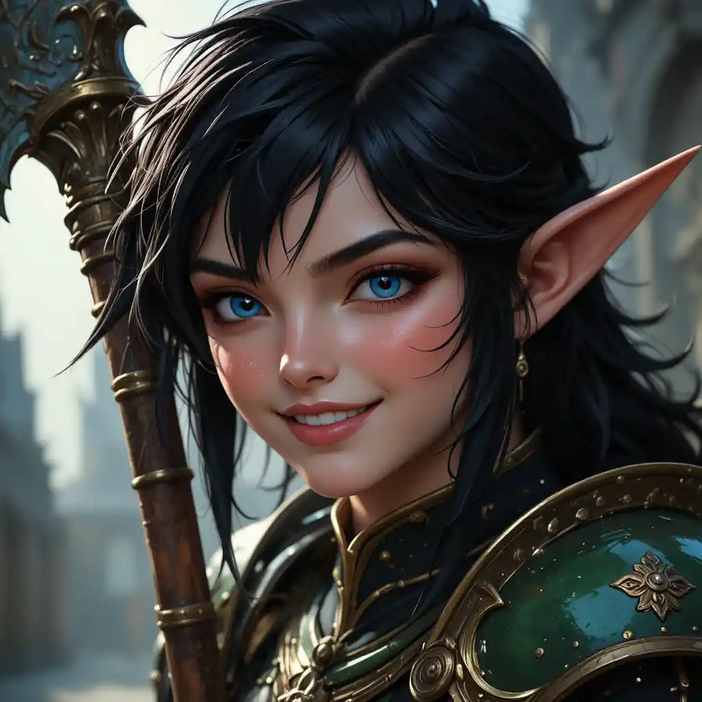 Joyful elf paladin with halberd in green armor