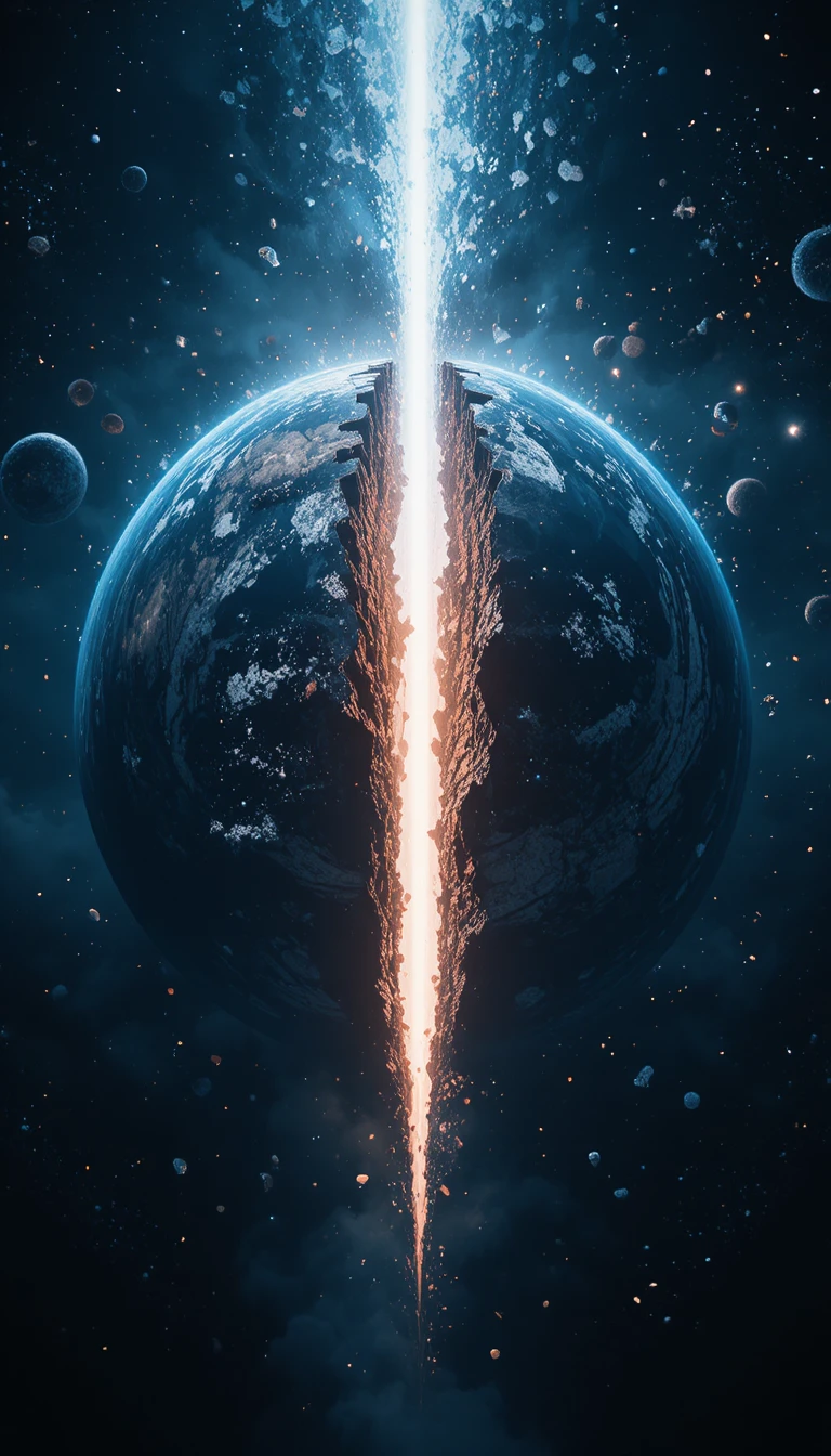 Earth Splitting Apart In Space With Debris Flying Out