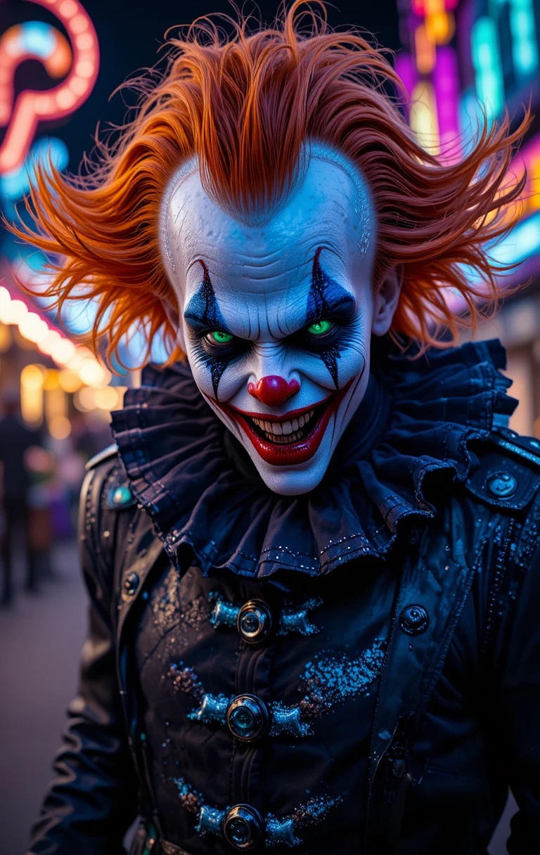 Sinister clown with burning hair at night carnival
