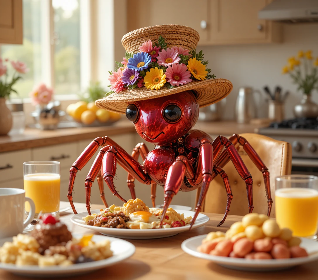 Red metallic spider at a breakfast table in sunny kitchen