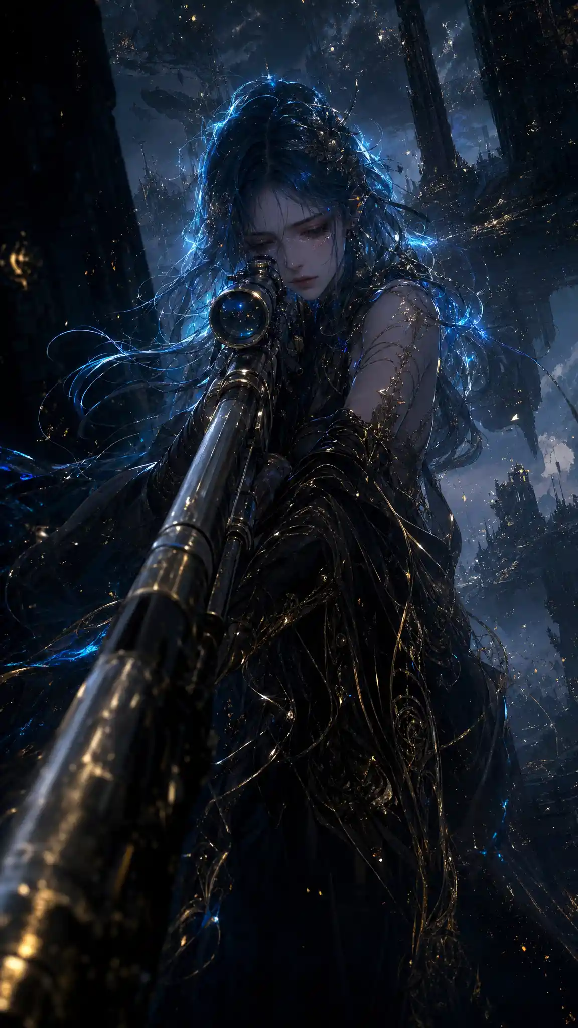 Sorrowful Woman Aiming A Sniper Rifle In Glowing Darkness