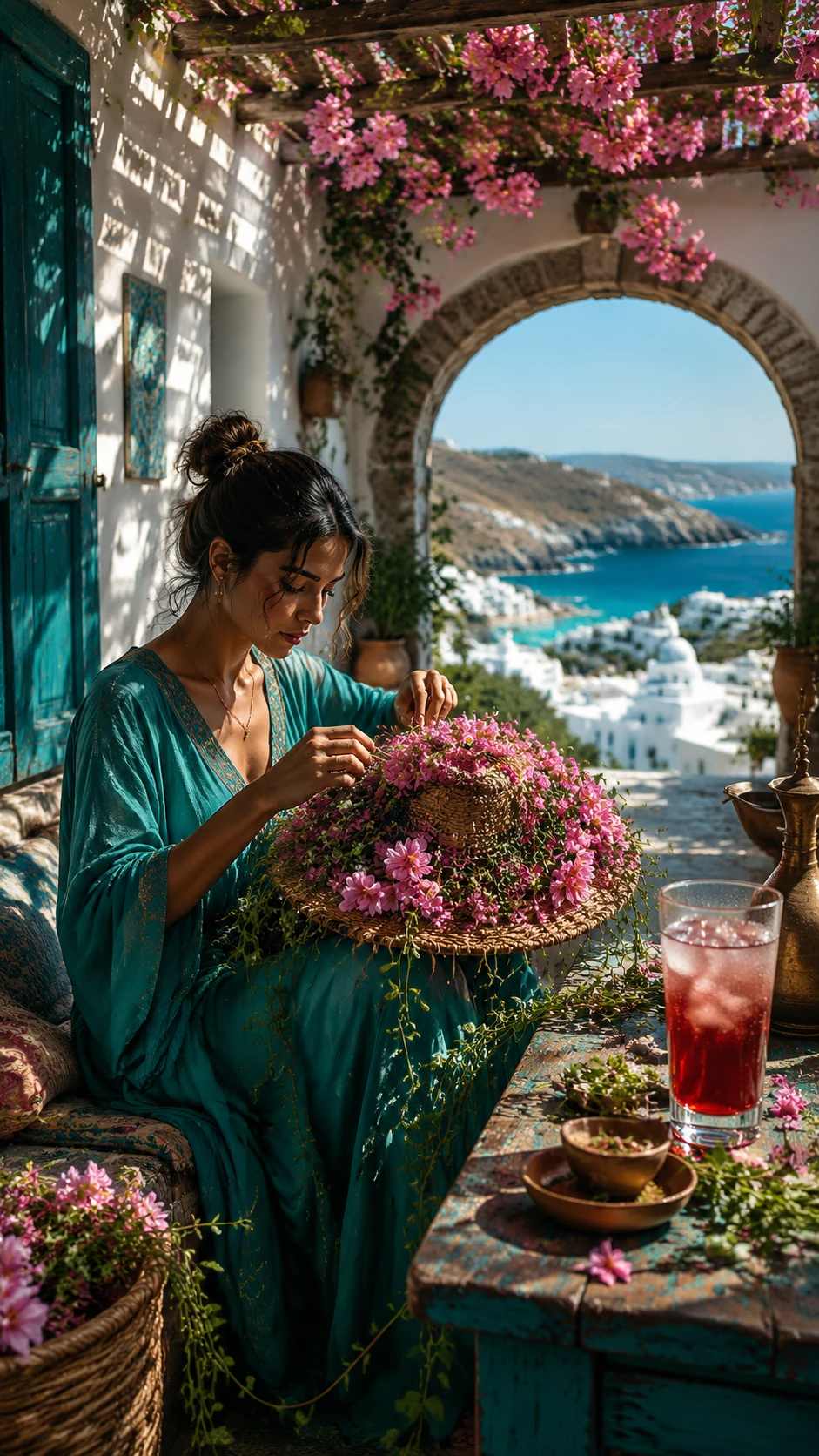 Woman crafting a floral sun hat in a hidden island courtyard