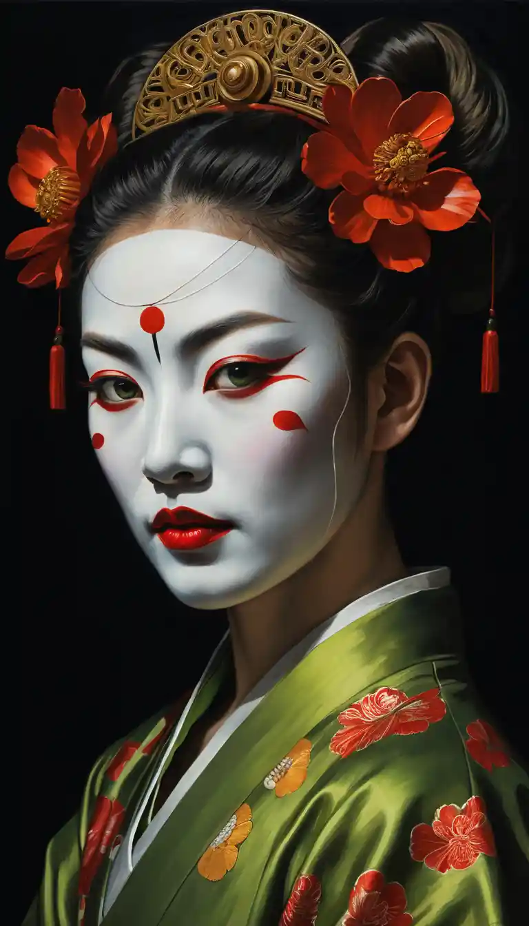 Chinese woman with opera mask in dramatic oil painting