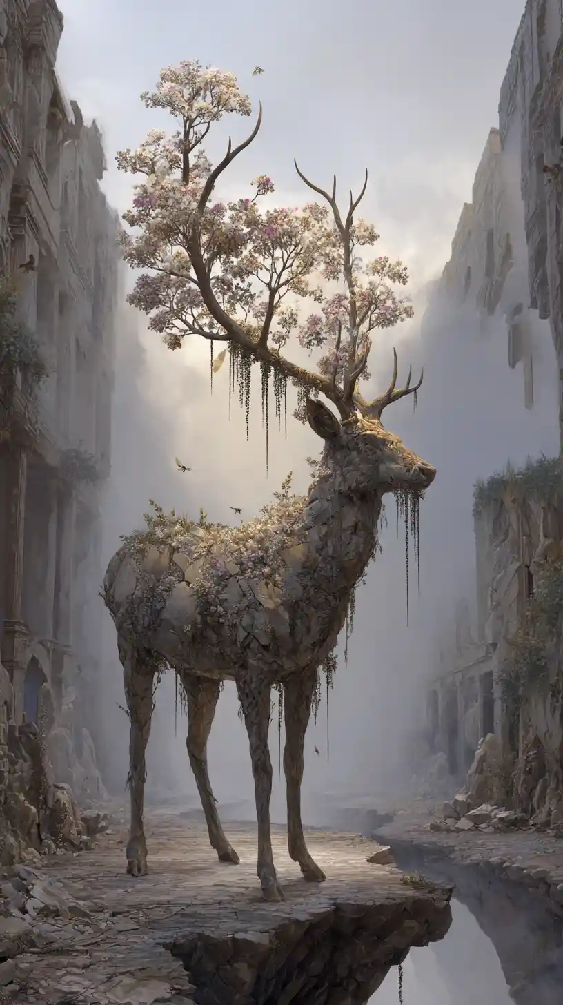 Surreal stag gateway in a fractured dreamlike landscape