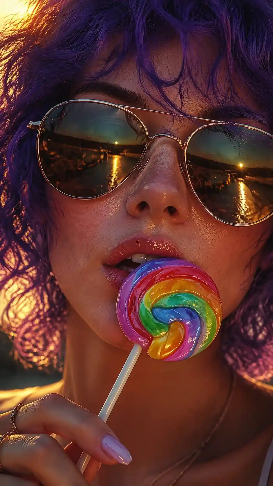 Young woman with lollipop and mirrored aviator sunglasses