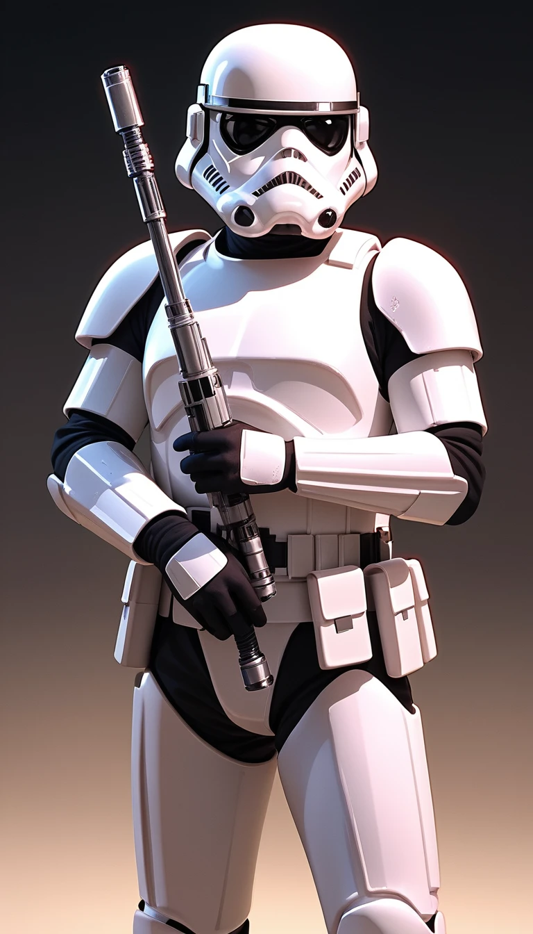 Armored sci fi soldier holding helmet under one arm