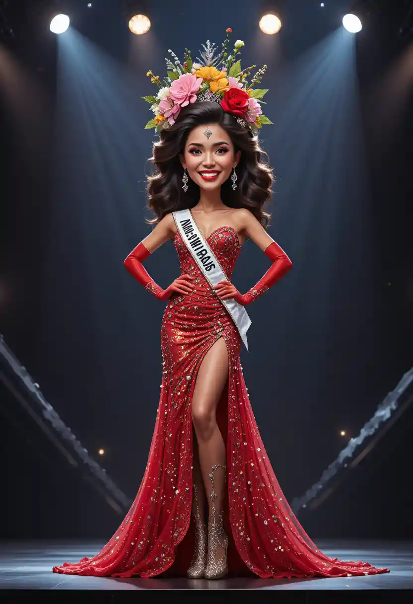 Smiling pageant contestant in red gown under stage spotlights