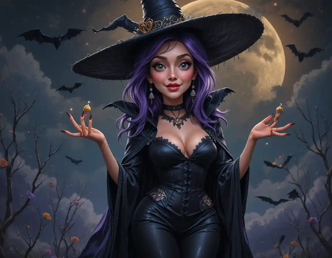 Seductive purple haired witch under a stormy moon