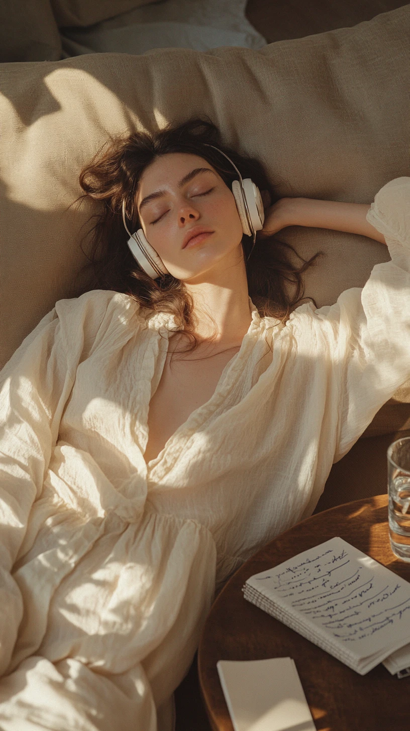 Mujer descansando en el sofá a la suave luz del sol con auriculares