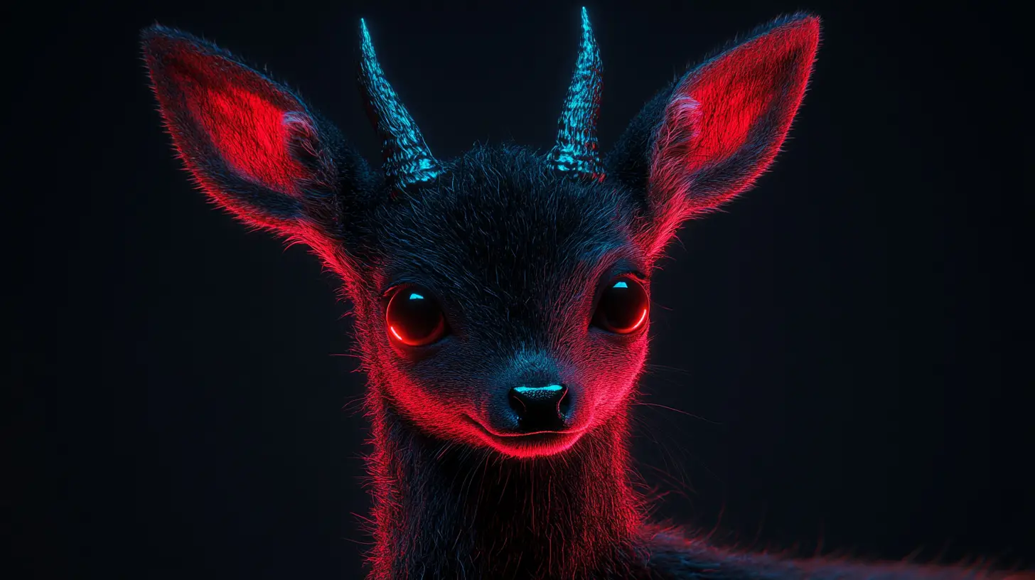 Cerbiatto d’ombra con occhi luminosi in illuminazione dark fantasy