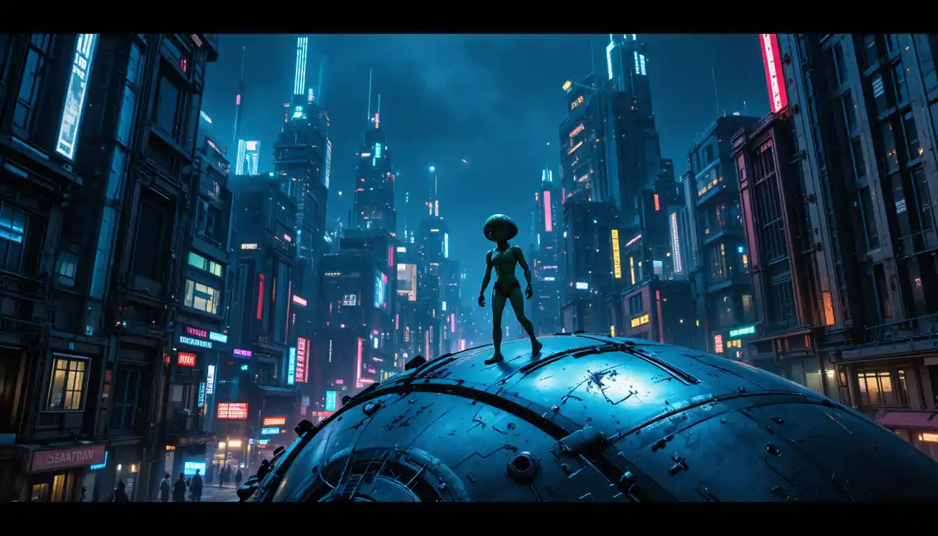 Dilapidated spaceship docked at alien megacity station at night
