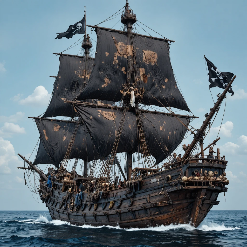 Menacing Pirate Ship With Tattered Sails On The Open Sea
