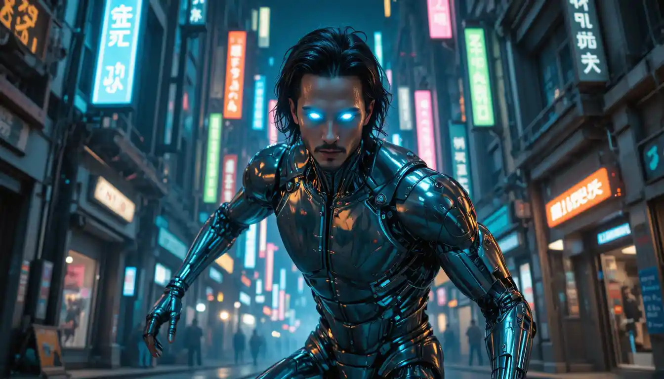 Cybernetic humanoid robot in a neon futuristic city