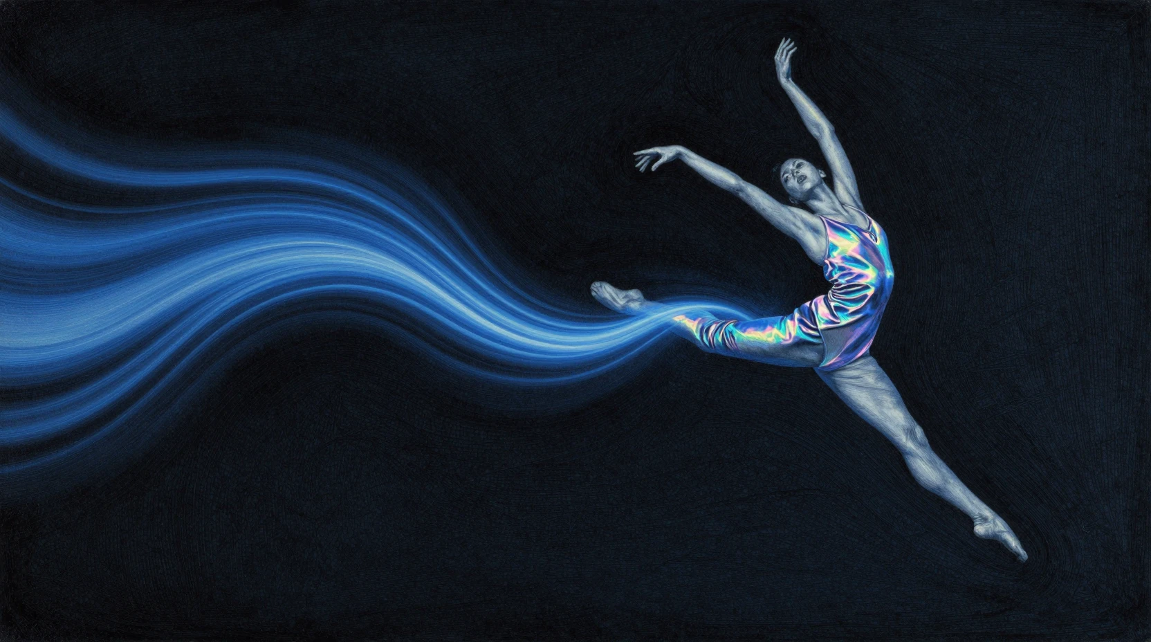 Dancer leaping through a blue energy flow in darkness