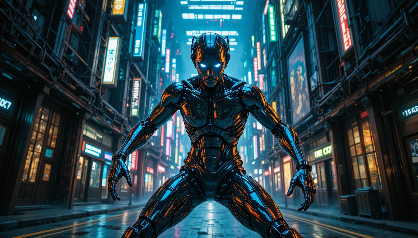 Cyborg warrior in a neon lit futuristic cityscape