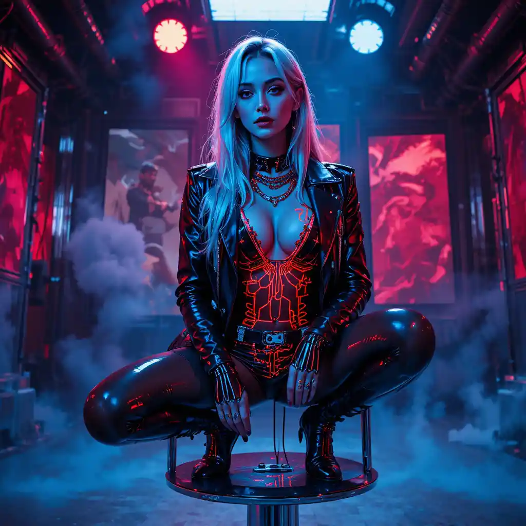 Cyber noir woman on chrome chair in electric studio