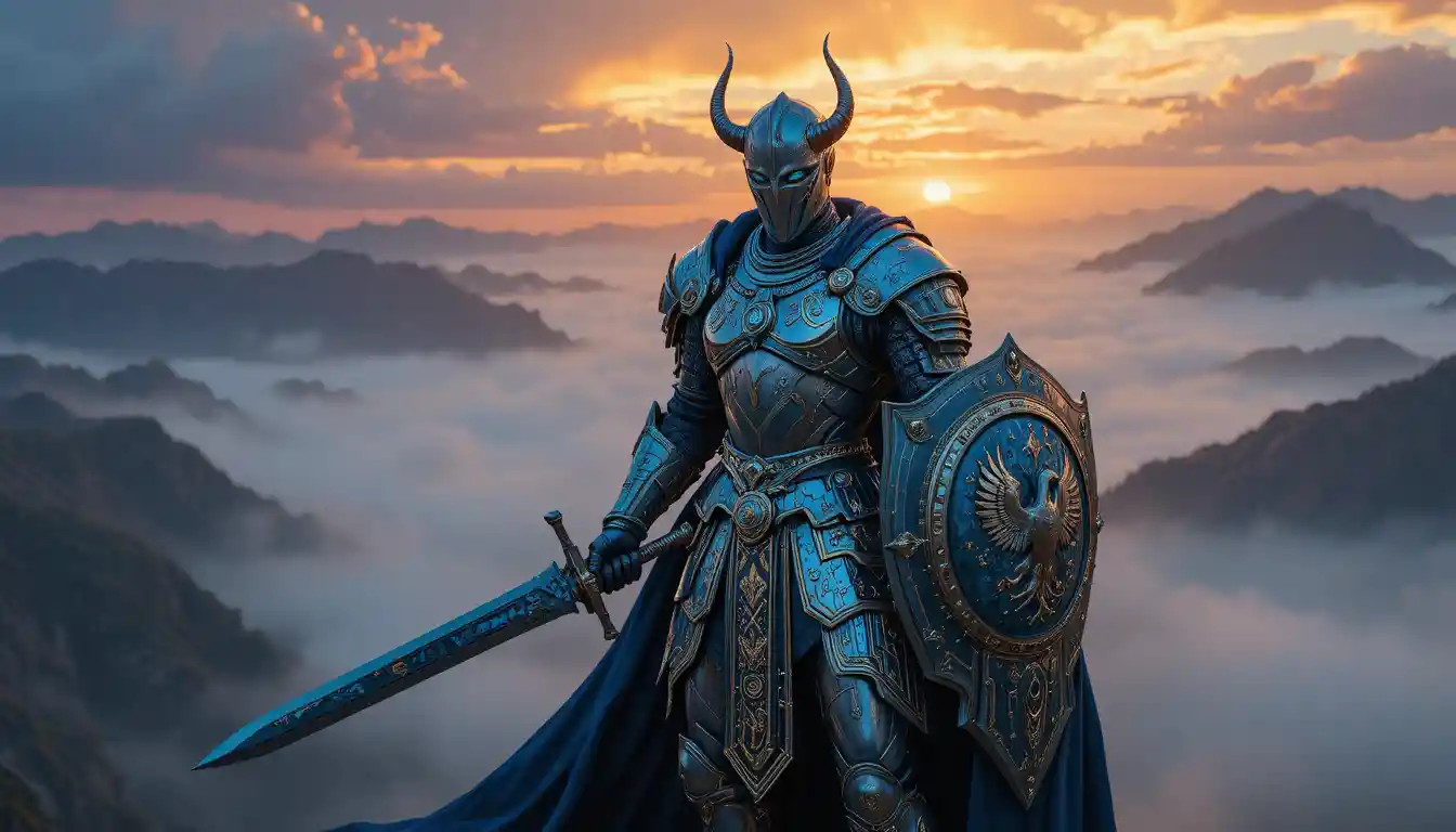 Armored knight on misty mountain peak at sunset