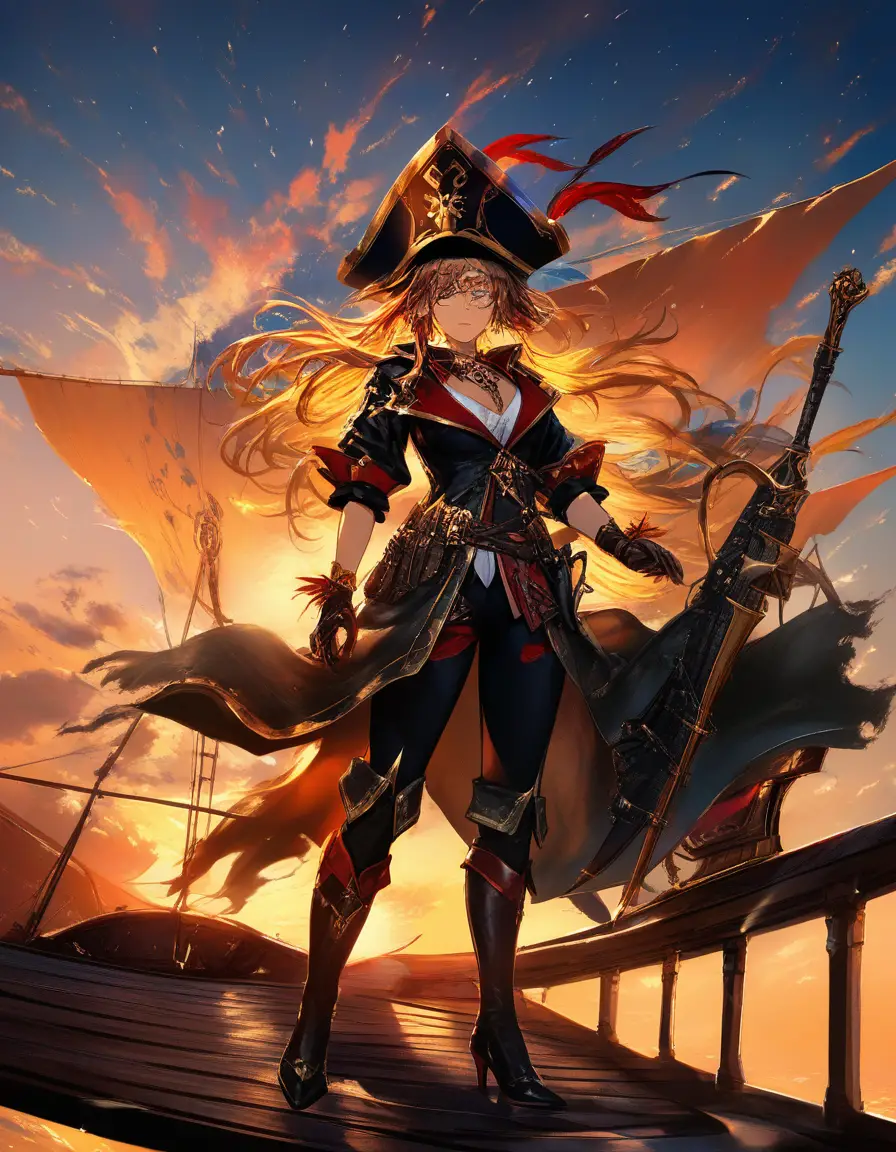 Audace piratessa sul ponte al tramonto con sciabola