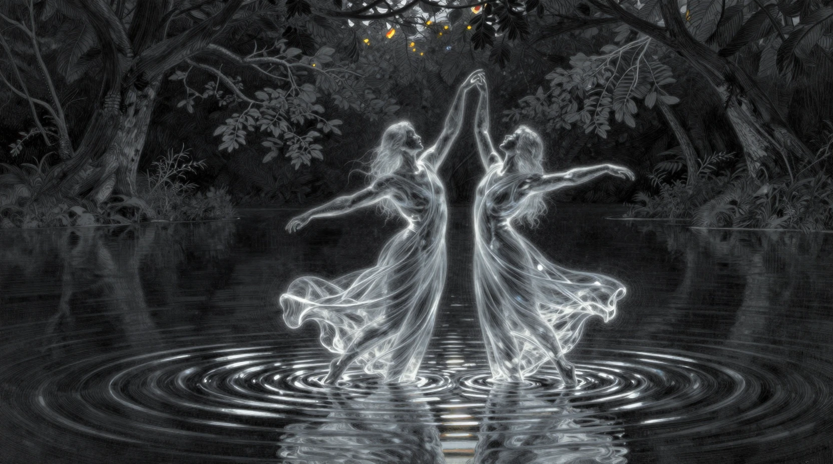 Two merging spirits dancing above a dark mystic lake