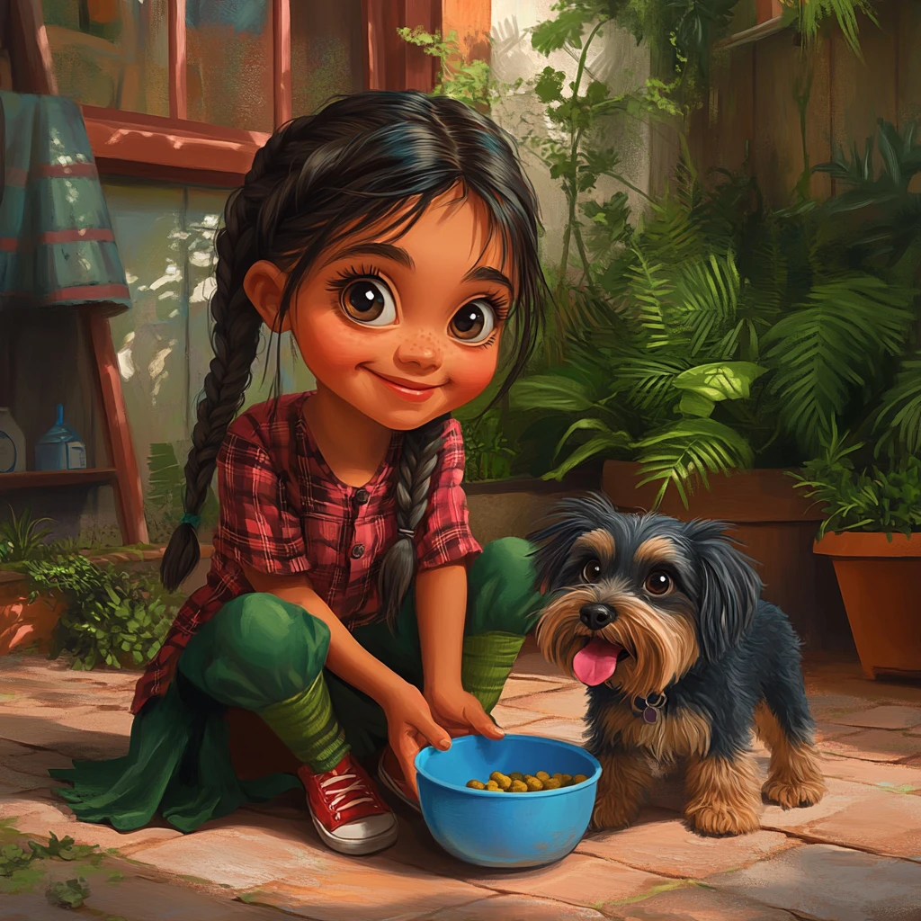 Mädchen beobachtet, wie ihr Yorkshire Terrier im Garten frisst