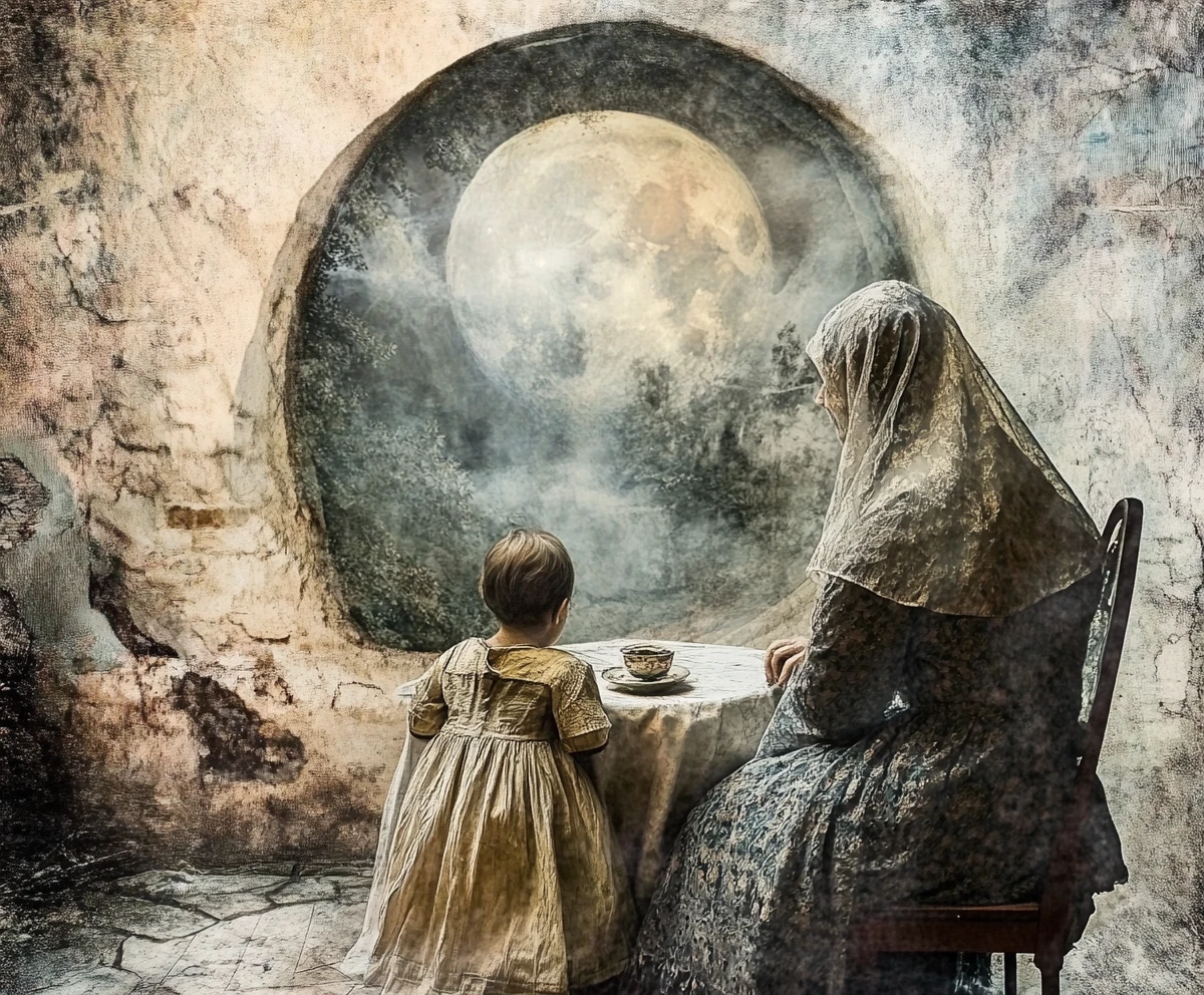 Surreal illusion of a mother and child in shifting forms