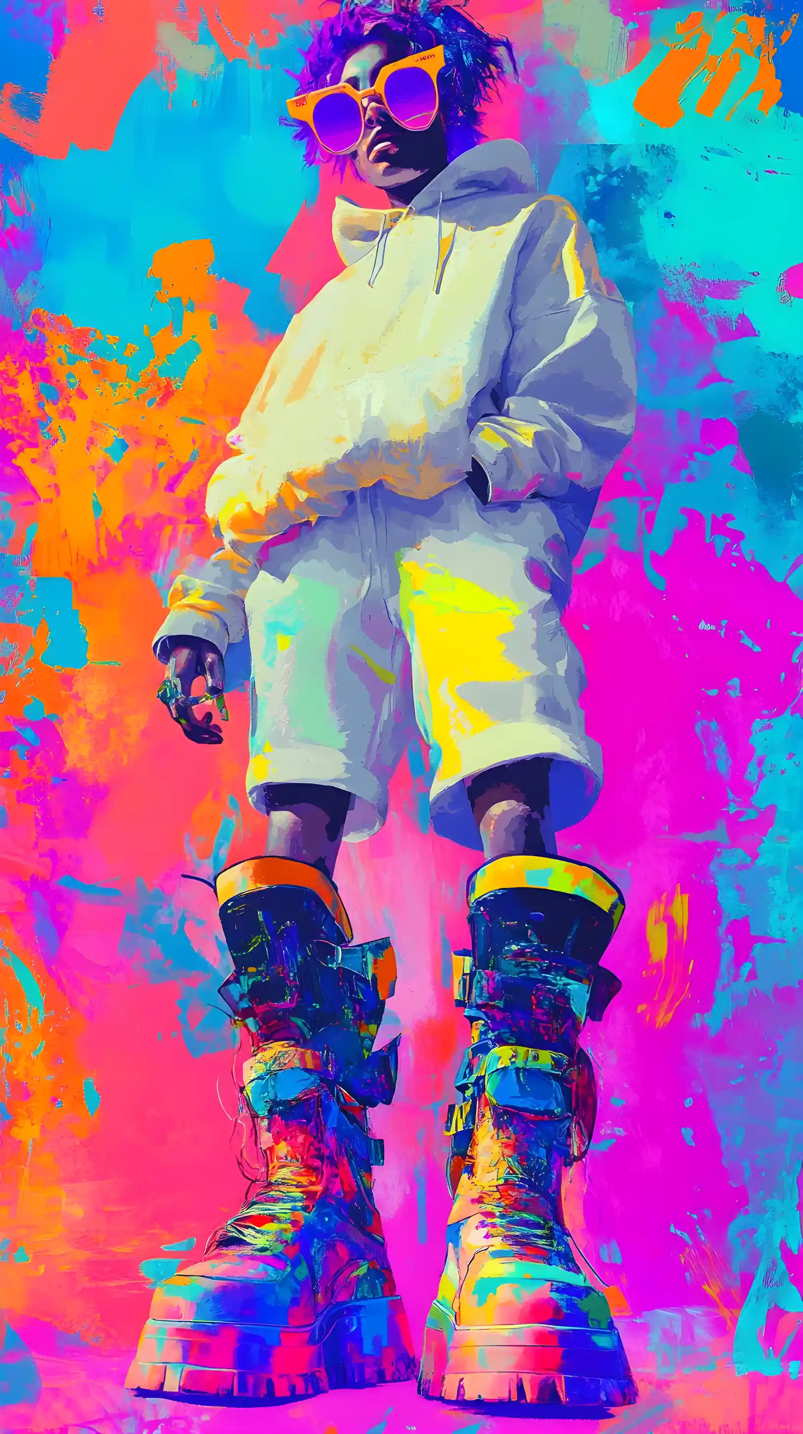 Cyberpunk man in platform boots with abstract pastel paint