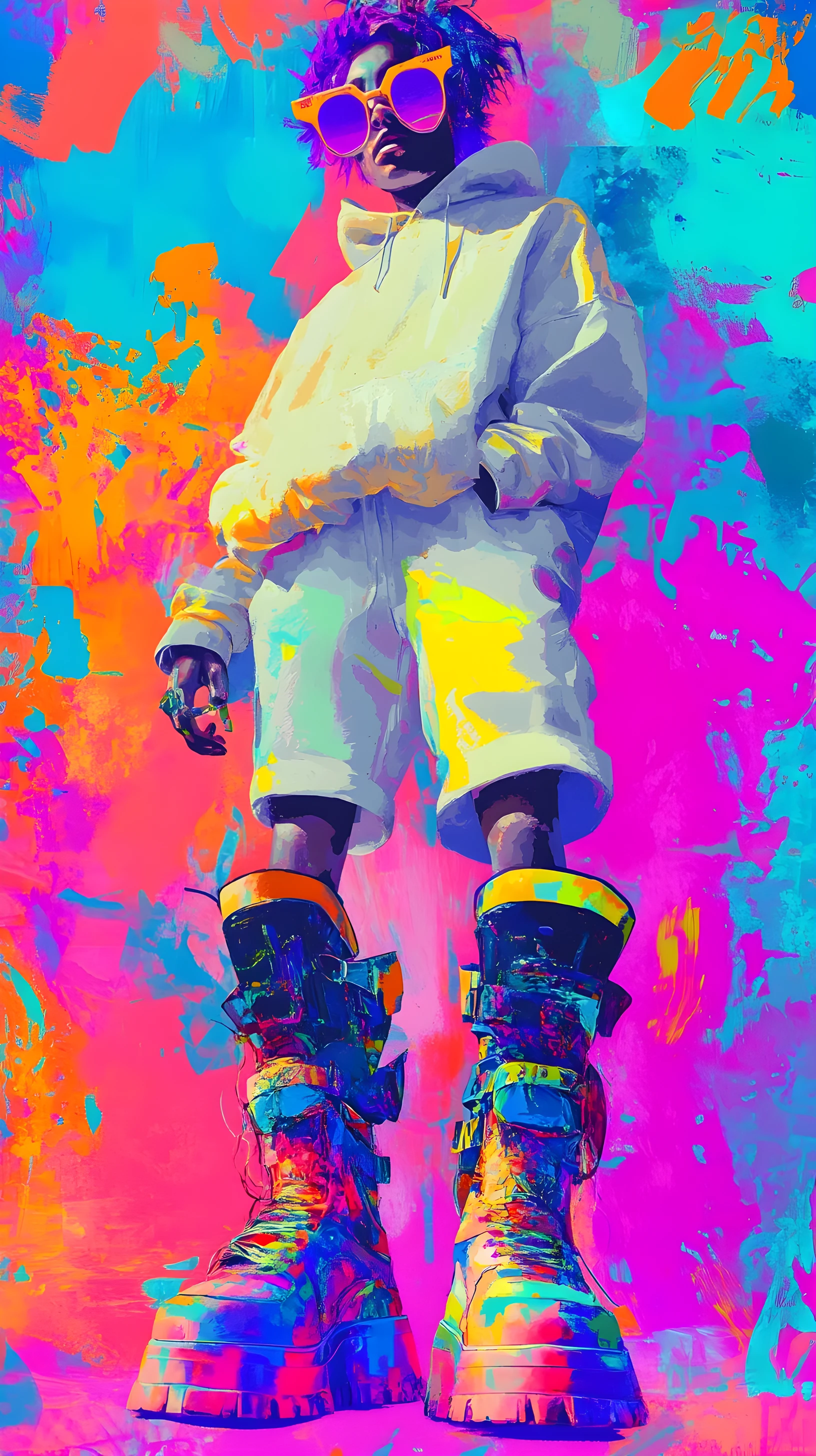 Cyberpunk man in platform boots with abstract pastel paint